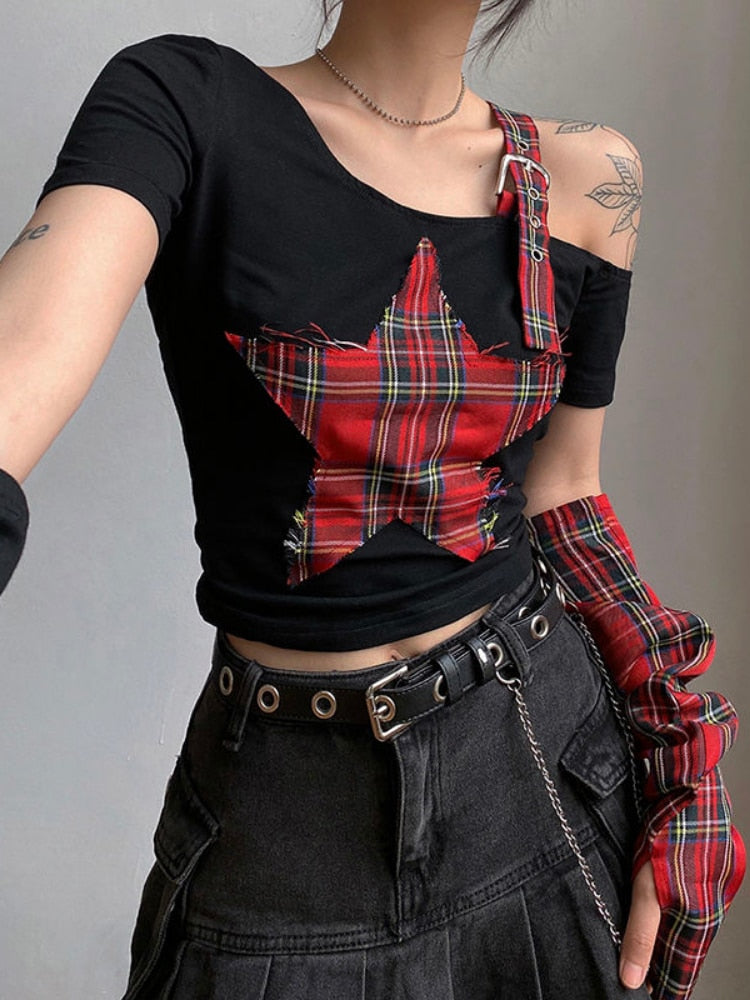 Red Plaid & Black Sleeve Top