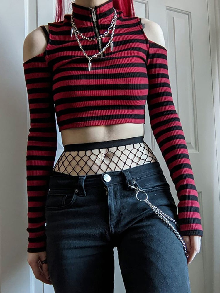 Grunge Red/Black Striped Long-sleeve Crop-Top