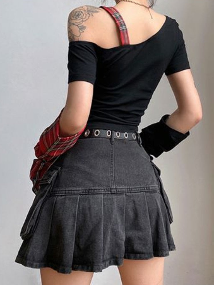 Red Plaid & Black Sleeve Top