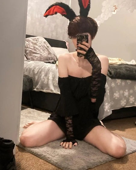 Femboy Aesthetic, femboy mirror selfie bunnie ear front shot mid range sitting down