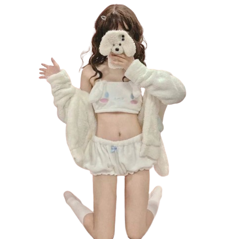 Fur sleep wear, front view of femboy model wearing it, perfect femboy sleepwear piece