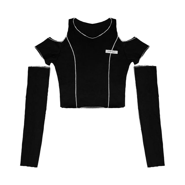 Black cutout femboy crop top by femzai, for femboys, photoshoot.