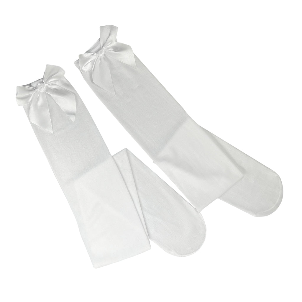 Detailed close-up of white Femzai Bow Knot Stockings, highlighting elegant front bow knots, perfect for enhancing femboy outfits with a delicate touch.