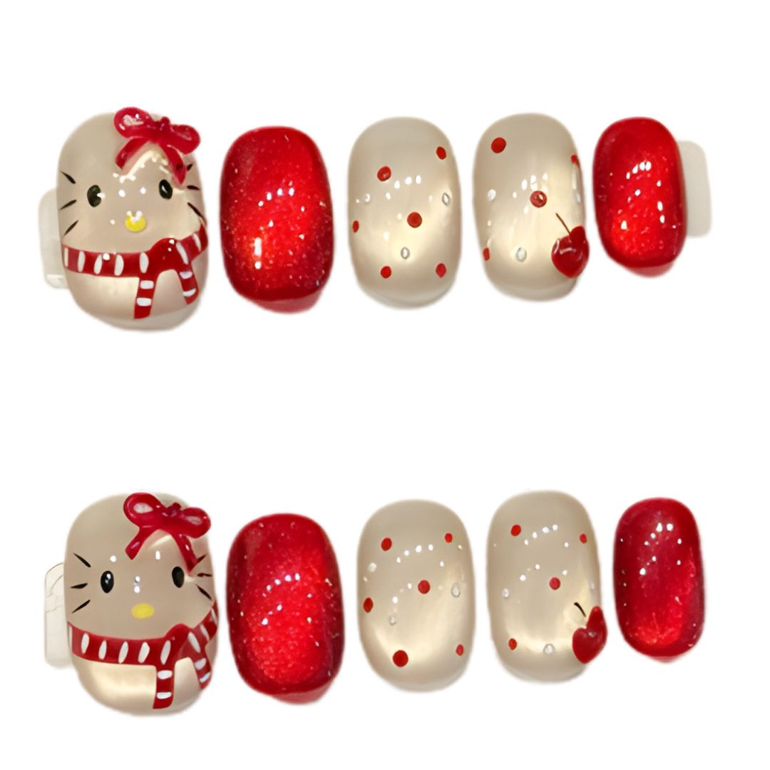 Cherry Kitty Sparkle Nails