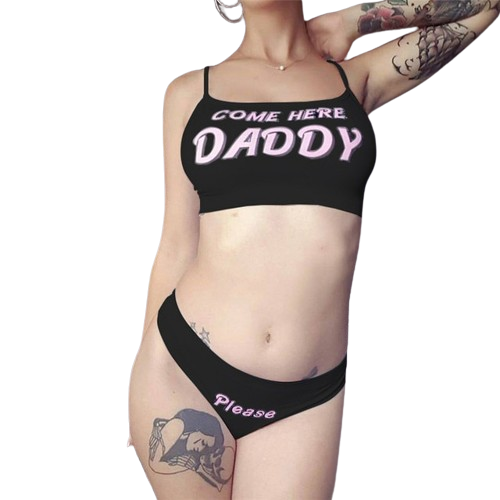 Front view of Femzai's 'Come Here Daddy' Vest Tops and Panties Set in black, showcasing bold and alluring femboy clothing design.