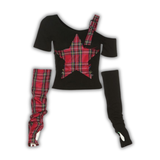 Red Plaid & Black Sleeve Top