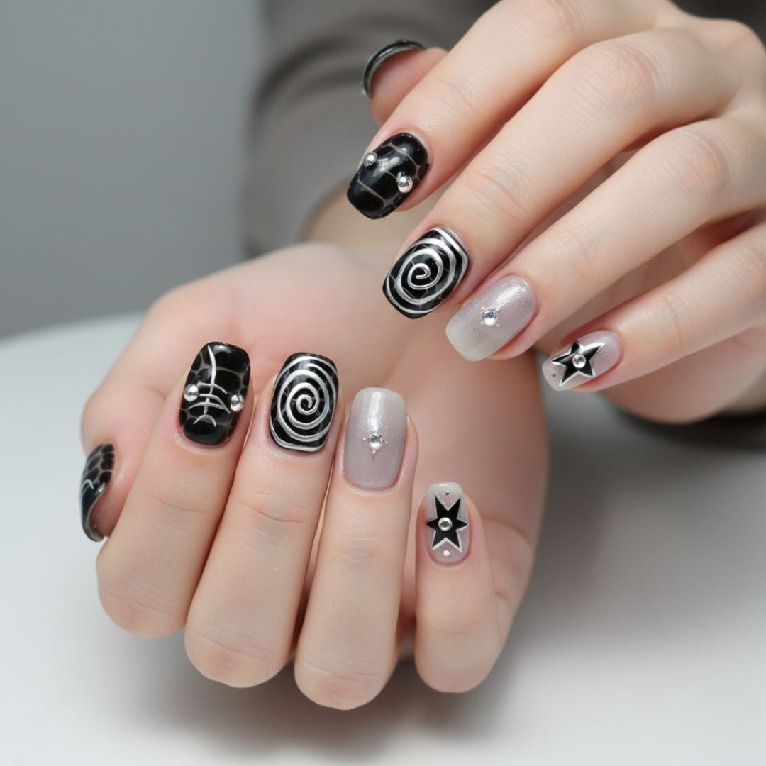 Midnight Star Swirl Nails