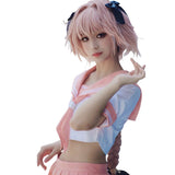 Flattering model wearing femboy astolfo cosplay, zoom in view view.