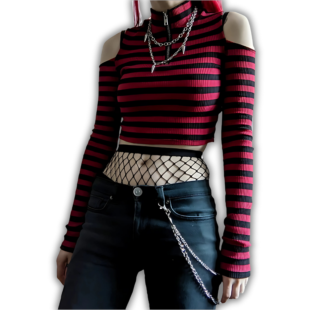 Grunge Red/Black Striped Long-sleeve Crop-Top