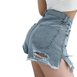 Close-up side view of Femzai Ruffle Denim Jean Shorts, showcasing the detailed ruffle hemline and classic blue denim, a stylish piece in femboy clothing collections.