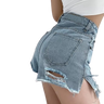 Close-up side view of Femzai Ruffle Denim Jean Shorts, showcasing the detailed ruffle hemline and classic blue denim, a stylish piece in femboy clothing collections.