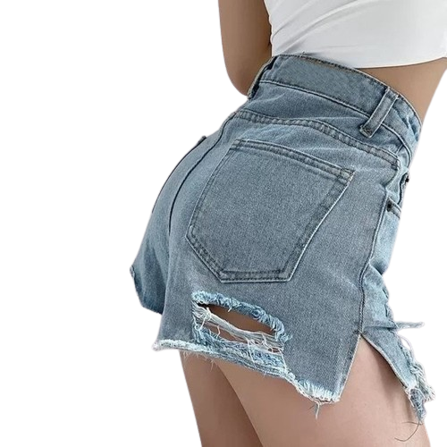 Close-up side view of Femzai Ruffle Denim Jean Shorts, showcasing the detailed ruffle hemline and classic blue denim, a stylish piece in femboy clothing collections.