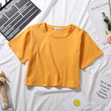 Bright yellow Femzai Solid Crop Tee, a vibrant addition to any femboy outfit, showcased against a neutral backdrop