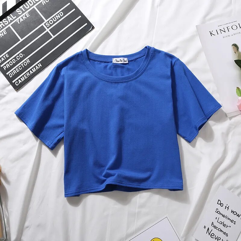 Cool blue Femzai Solid Crop Tee, a must-have for any femboy outfit, set against a neutral white background.