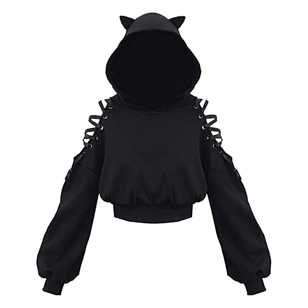 Front view of a black hooded crop top with lace-up sleeves and cat ear details from Femzai's femboy clothing collection. The top is displayed against a plain backdrop, accentuating its playful and edgy design.