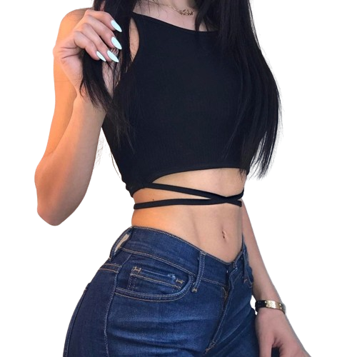 Close-up side view of a model wearing a black Femzai wrap-around crop top paired with blue denim jeans, accentuated by white nail polish and a gold bracelet, ideal for femboy clothing against a neutral wall background.