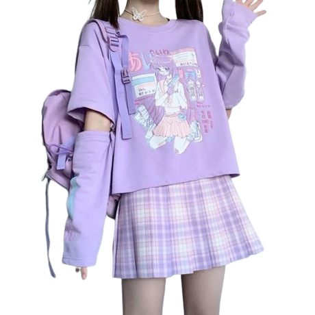 Faceless model showcasing a pastel purple top, a vibrant addition to our femboy clothing line, emphasizing a flattering fit and stylish design.