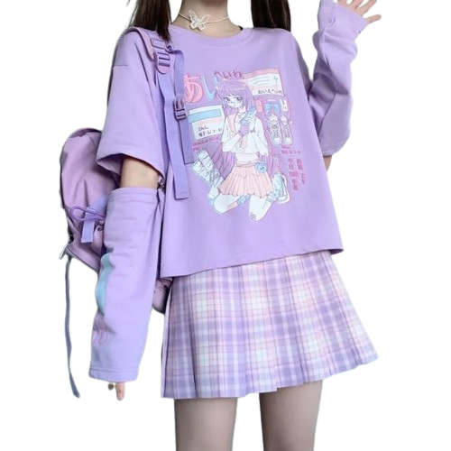 Faceless model showcasing a pastel purple top, a vibrant addition to our femboy clothing line, emphasizing a flattering fit and stylish design.