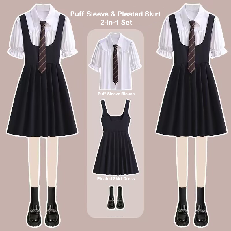 Femboy Puff Sleeve Blouse & Pleated Skirt 2-in-1 Set