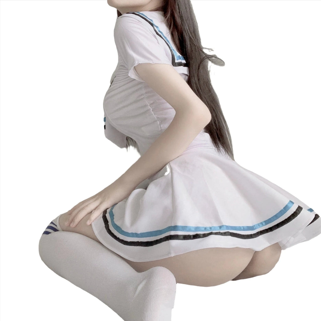 Model confidently showcasing the Femzai White Sailor Uniform, highlighting its crisp design and classic charm, perfect for femboy attire