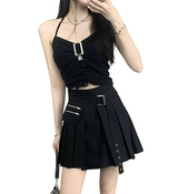 Black High-Waist Spliced Skirt