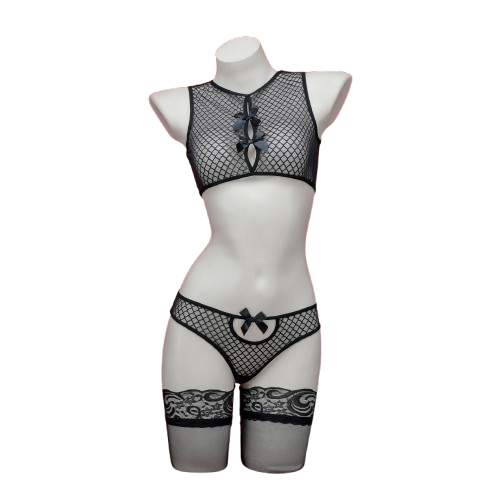 Black Fishnet Lingerie Set With Bow