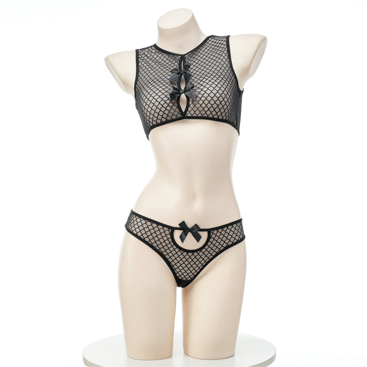 Black Fishnet Lingerie Set With Bow