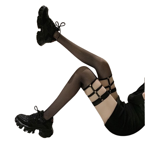 Fishnets with Leg Ring Harness, side view, medium shot, model, thighs