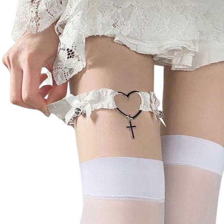 Close-up view of a model's thighs adorned with Femzai's Lace Bow Knot Leg Rings in elegant white, highlighting the delicate lace and charming bow knot design, a sophisticated and sensual accessory enhancing femboy outfits and attire with its premium, adjustable comfort.