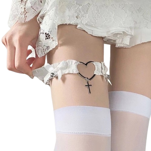 Close-up view of a model's thighs adorned with Femzai's Lace Bow Knot Leg Rings in elegant white, highlighting the delicate lace and charming bow knot design, a sophisticated and sensual accessory enhancing femboy outfits and attire with its premium, adjustable comfort.