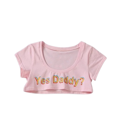 Pink 'Yes Daddy' Short-Sleeve Crop Top, front view, exemplifying bold and expressive femboy outfits with its vibrant color and daring text.