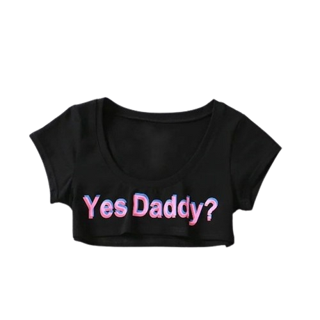 Black 'Yes Daddy' Short-Sleeve Crop Top, front view, showcasing the playful print in femboy attire style.