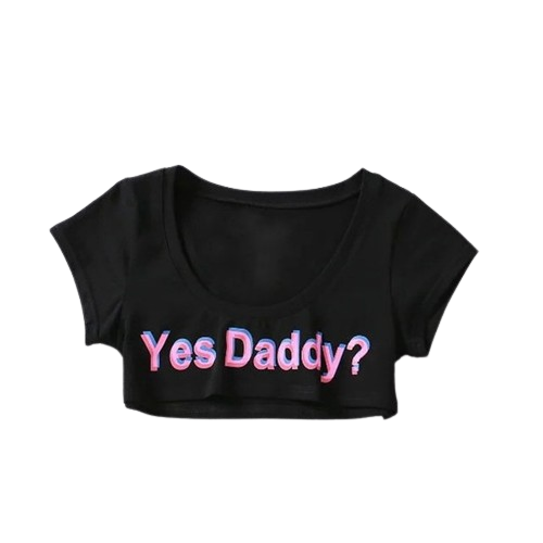 Black 'Yes Daddy' Short-Sleeve Crop Top, front view, showcasing the playful print in femboy attire style.