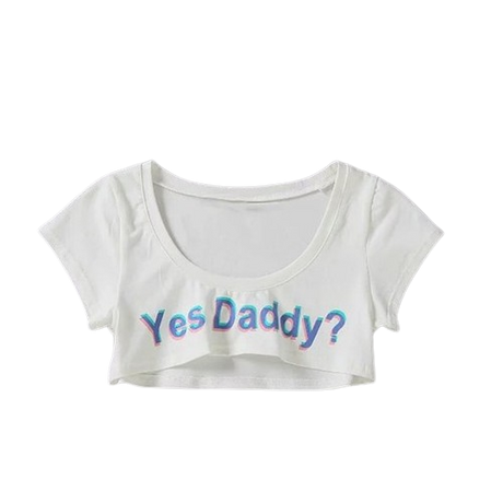 White 'Yes Daddy' Short-Sleeve Crop Top, front view, highlighting the cheeky text, a staple in our femboy clothing collection.