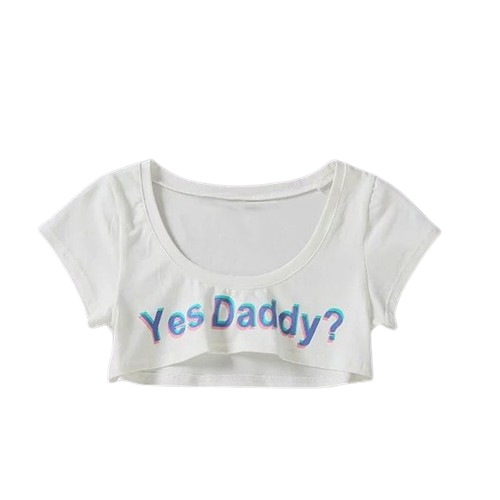 White 'Yes Daddy' Short-Sleeve Crop Top, front view, highlighting the cheeky text, a staple in our femboy clothing collection.