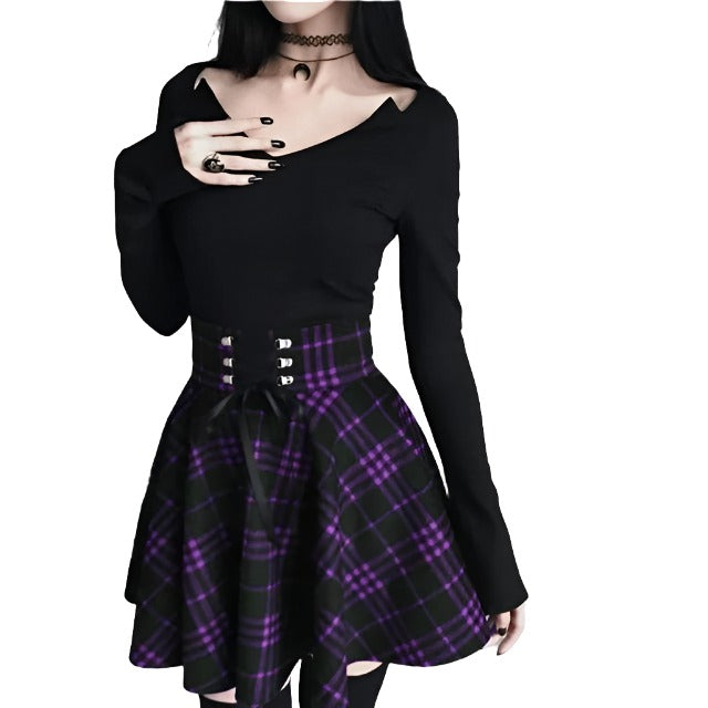 Plaid Black-Checkered Gothic Skirt, front view, model, faceless