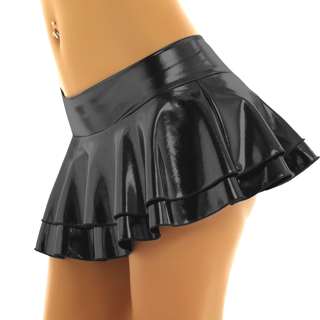 Close-up side view of Femzai Mini Dance Skirt in black, showcasing the soft and stretchy fabric against a white background – femboy clothing style.