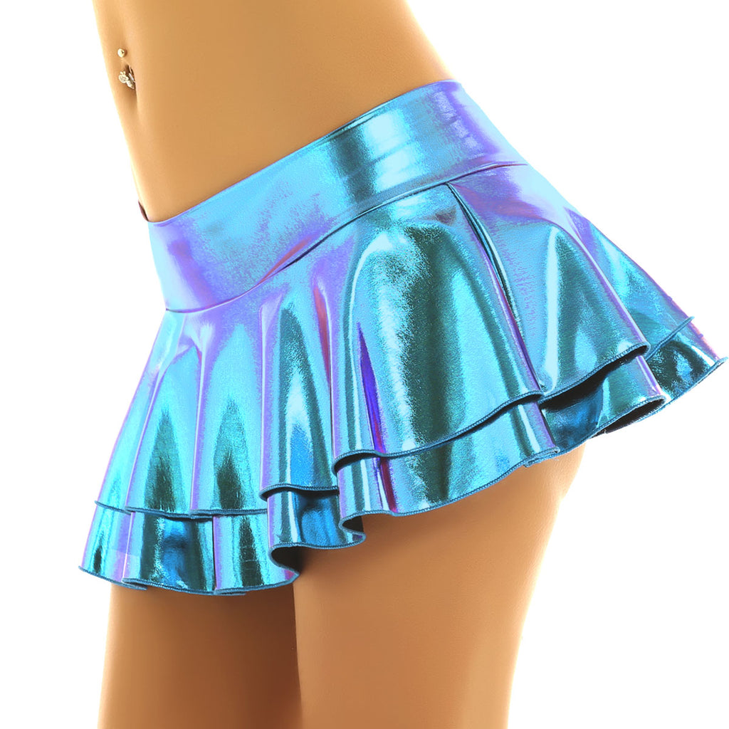 Close-up side view of Femzai Mini Dance Skirt in blue, highlighting the vibrant color and comfortable fit on a white background – femboy attire.