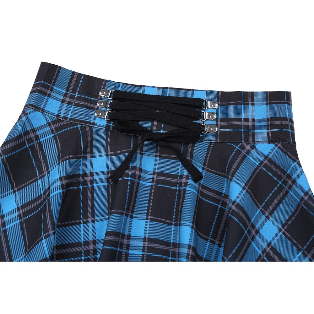 Detailed view of the waistband on a Femzai Plaid Blue Gothic Skirt, capturing the essence of femboy clothing with its edgy lace-up details and metallic accents. The close-up highlights the craftsmanship of the skirt's design, set against a plain backdrop to emphasize the gothic-inspired aesthetic.