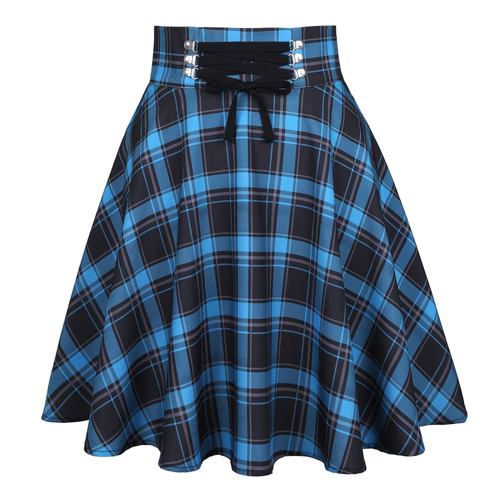 Close-up shot of a Femzai Plaid Blue Gothic Skirt featuring a vivid blue and black checkered pattern, designed for the femboy clothing collection. The skirt's detailed laced-up waistband with silver eyelets and a black tie adds a punk-inspired edge to the flowing, knee-length cut.