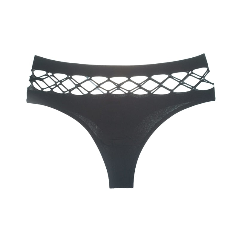 Back view of Femzai Fishnet Panties in a bold black shade, showcasing the intricate fishnet pattern and design