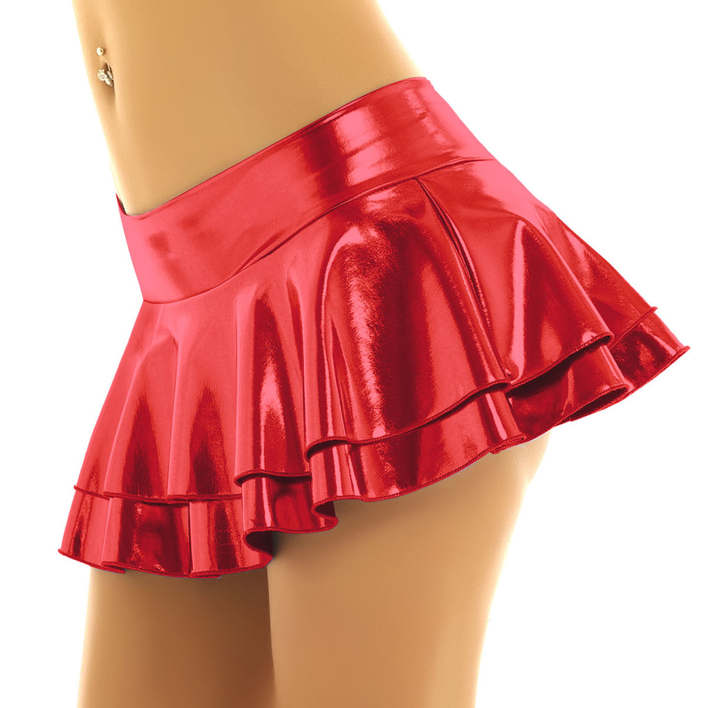 Close-up side view of Femzai Mini Dance Skirt in red, displaying the alluring color and flexible material against a white backdrop – femboy outfits.