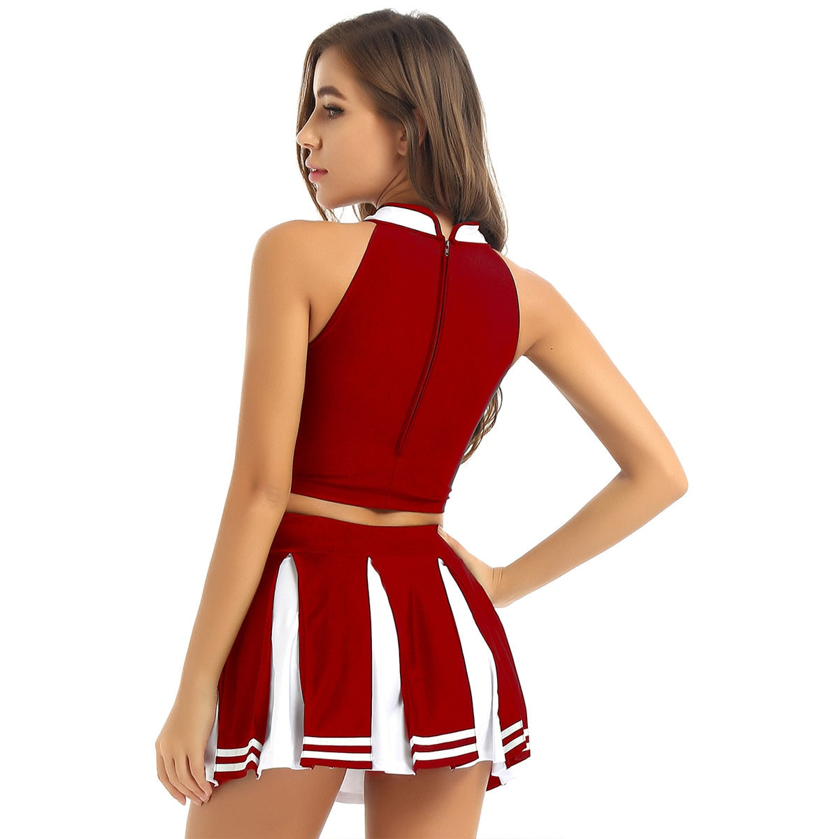 Rear view of the red and white cheerleader skirt set from Femzai, showcasing the femboy clothing line's athletic-inspired design. The outfit's cutout back adds a modern twist to the traditional cheerleader silhouette.