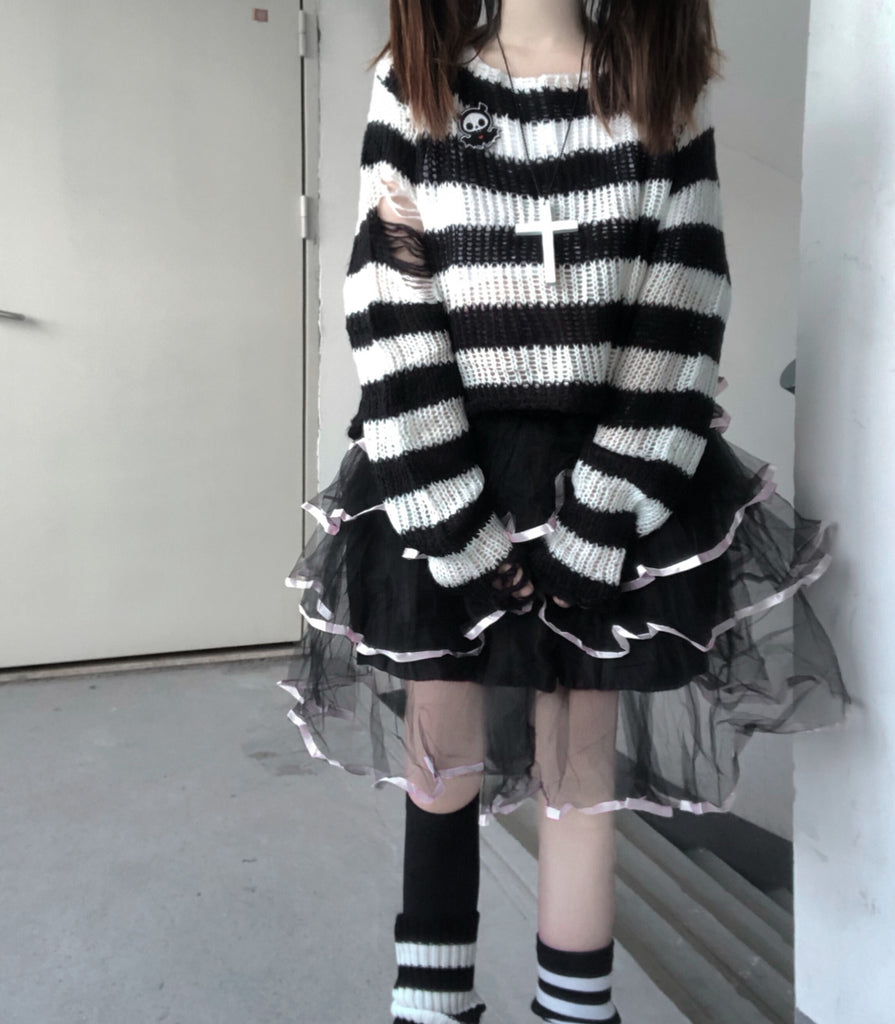 Black-Striped Loose Knitted Sweater - Femzai