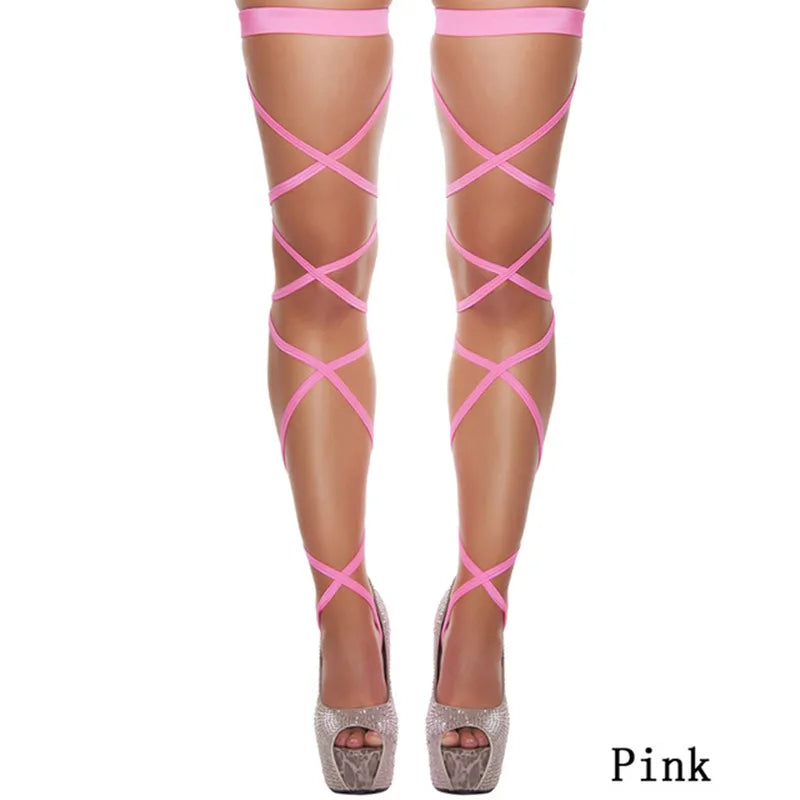 Front view of eye-catching pink Leg Wraps, designed for the free-spirited femboy.