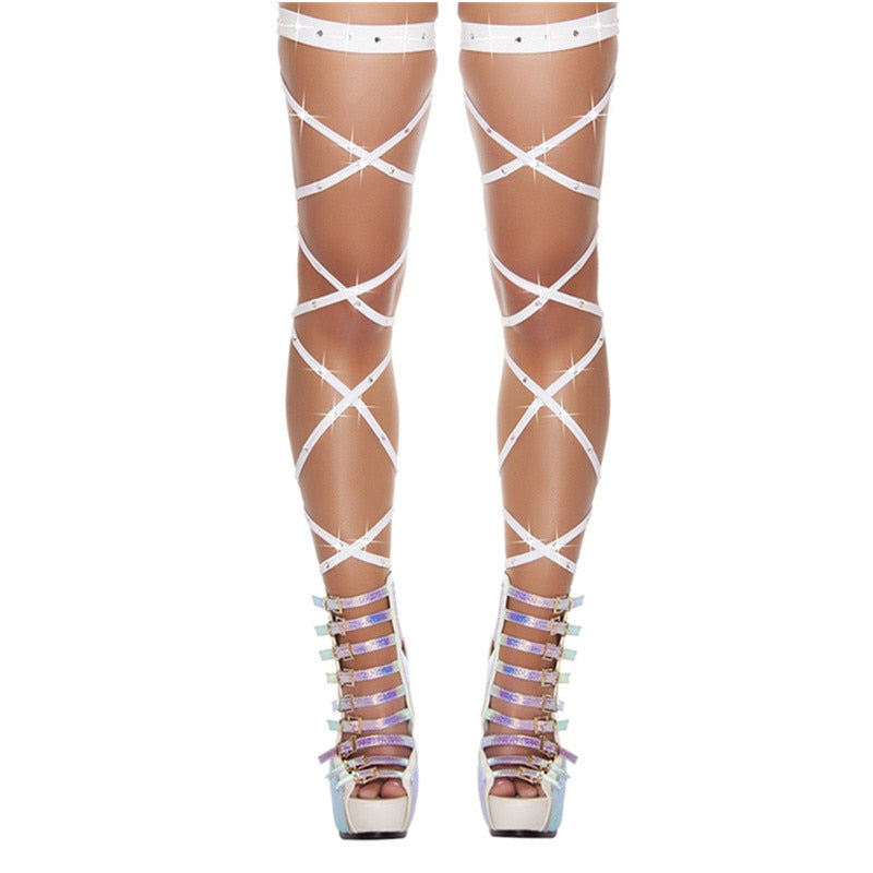 Front view of pristine white Leg Wraps, a classic accessory to enhance femboy attire.