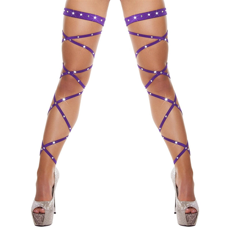 Front view of vibrant purple Leg Wraps, a bold accessory for any femboy clothes.