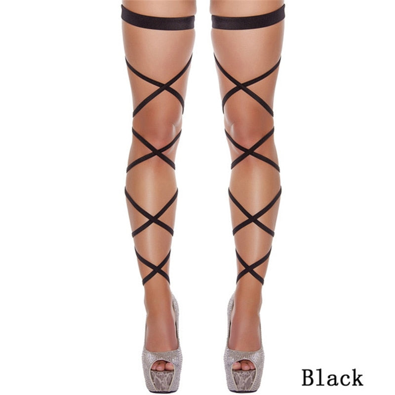Front view of sleek black Leg Wraps, a versatile addition to any femboy attire.