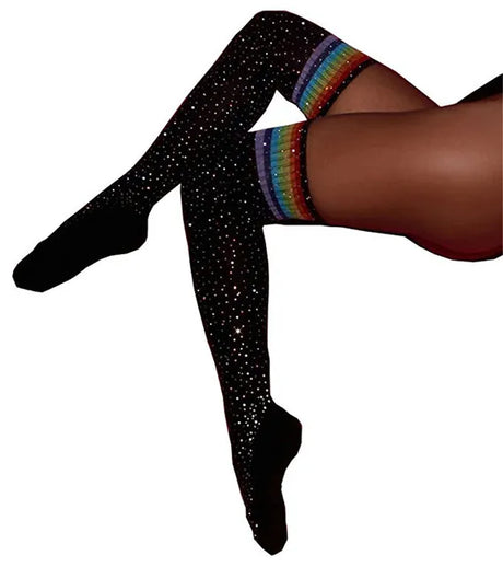 Side view of Black Rainbow Thigh Highs by Femzai, showcasing vibrant rainbow stripes.