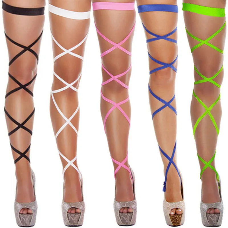 Front view of dynamic blue, black, white, pink, greenLeg Wraps, perfect for enhancing femboy outfits
